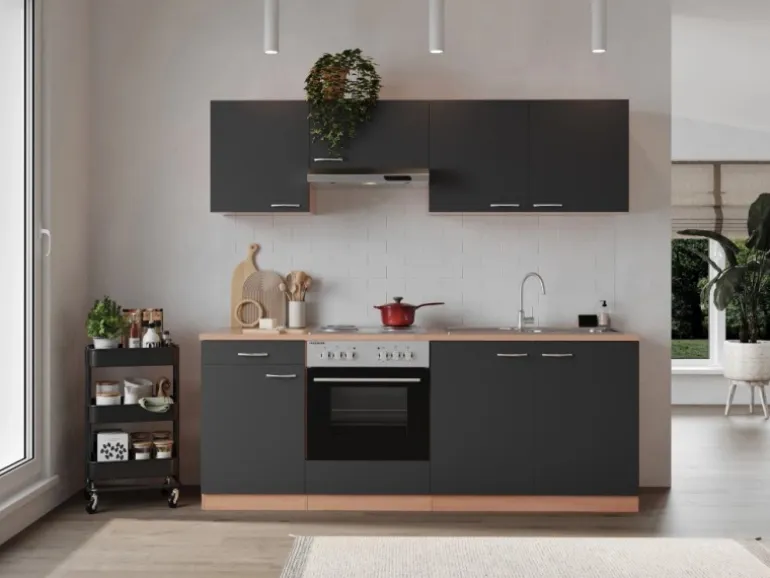 Respekta Küchenzeile KB210BGE 210 cm Grau Buche Nachbildung