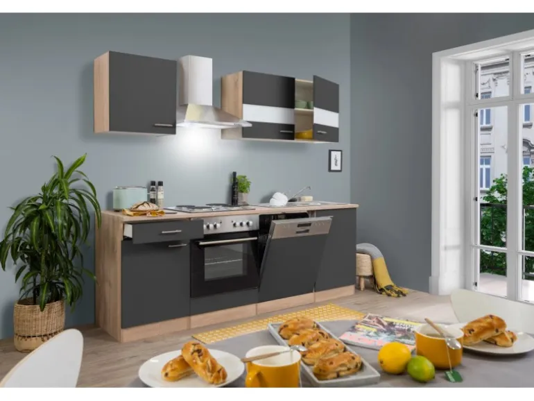 Respekta Küchenzeile KB220ESG 220 cm Grau-Eiche Sägerau Nachbildung