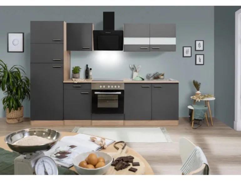 Respekta Küchenzeile KB270ESGCGKE 270 cm Grau-Eiche Sägerau Nachbildung Glänzend