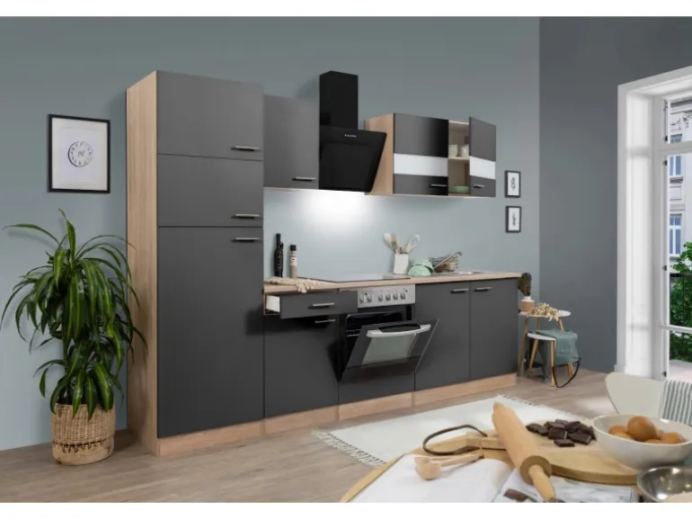 Respekta Küchenzeile KB270ESGCGKE 270 cm Grau-Eiche Sägerau Nachbildung Glänzend