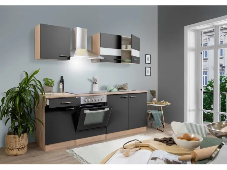 Respekta Küchenzeile KB210ESGC 210 cm Grau-Eiche Sägerau Nachbildung