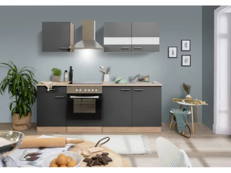 Respekta Küchenzeile KB210ESGC 210 cm Grau-Eiche Sägerau Nachbildung