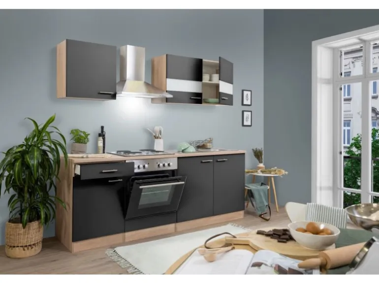 Respekta Küchenzeile KB210ESG 210 cm Grau-Eiche Sägerau Nachbildung