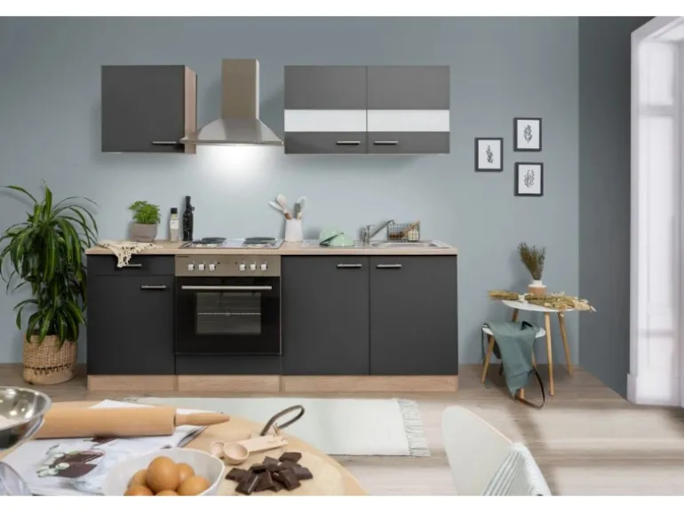 Respekta Küchenzeile KB210ESG 210 cm Grau-Eiche Sägerau Nachbildung