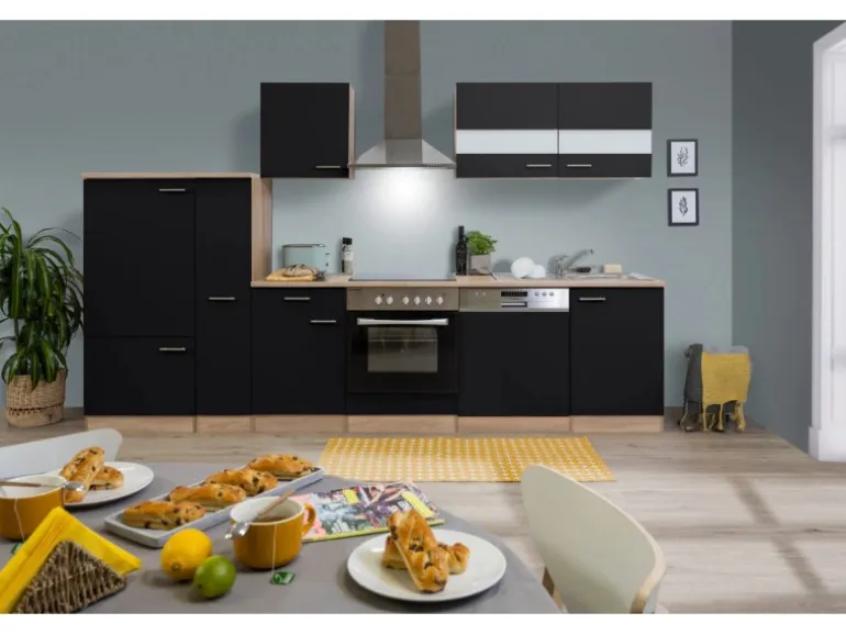 Respekta Küchenzeile KB310ESSC 310 cm Schwarz-Eiche Sägerau Nachbildung
