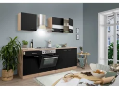 Respekta Küchenzeile KB210ESS 210 cm Schwarz-Eiche Sägerau Nachbildung