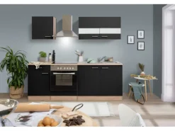 Respekta Küchenzeile KB210ESSC 210 cm Schwarz-Eiche Sägerau Nachbildung