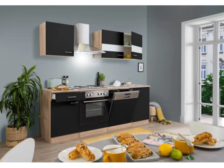 Respekta Küchenzeile KB220ESS 220 cm Schwarz-Eiche Sägerau Nachbildung