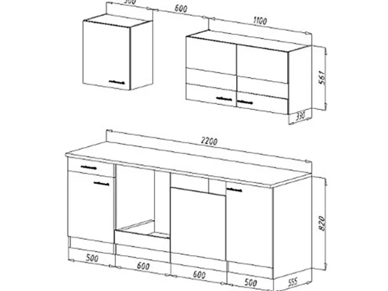 Respekta Küchenzeile KB220ESS 220 cm Schwarz-Eiche Sägerau Nachbildung