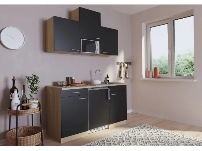 Respekta Küchenzeile KB150ESSMIC 150 cm Schwarz-Eiche Sägeräu Nachbildung