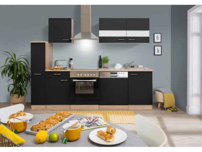 Respekta Küchenzeile KB250ESSC 250 cm Schwarz-Eiche Glänzend