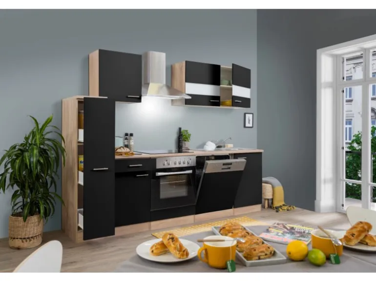 Respekta Küchenzeile KB250ESSC 250 cm Schwarz-Eiche Glänzend