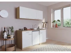 Respekta Küchenzeile KB150ESWC 150 cm Weiß-Eiche Sägerau