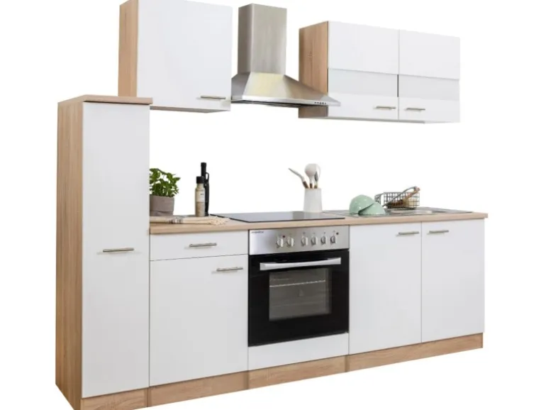 Respekta Küchenzeile KB240ESWC 240 cm Weiß-Eiche Glänzend