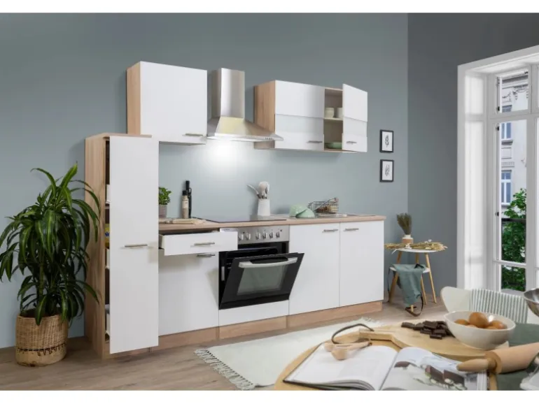 Respekta Küchenzeile KB240ESWC 240 cm Weiß-Eiche Glänzend