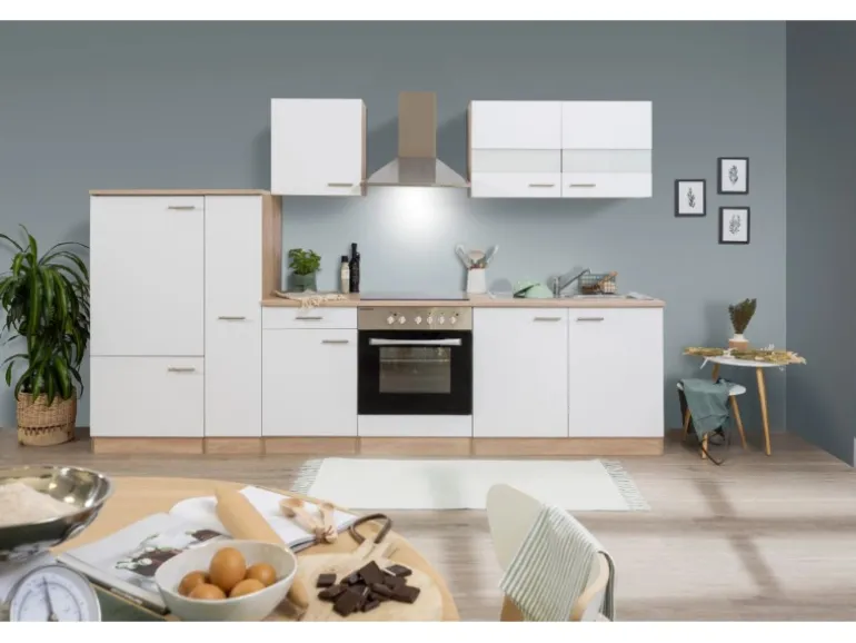 Respekta Küchenzeile KB300ESWC 300 cm Weiß-Eiche Sägerau Nachbildung