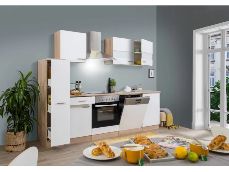 Respekta Küchenzeile KB250ESWC 250 cm Weiß-Eiche Glänzend