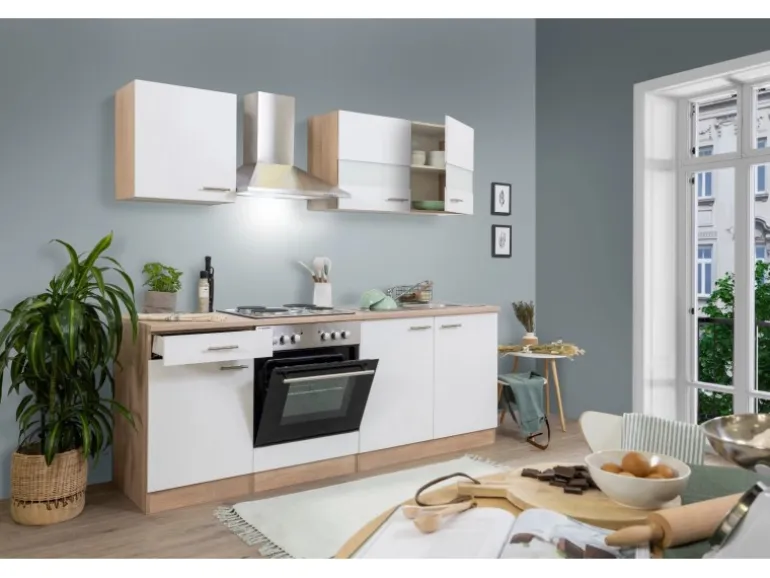 Respekta Küchenzeile KB210ESW 210 cm Weiß-Eiche Sägerau Nachbildung