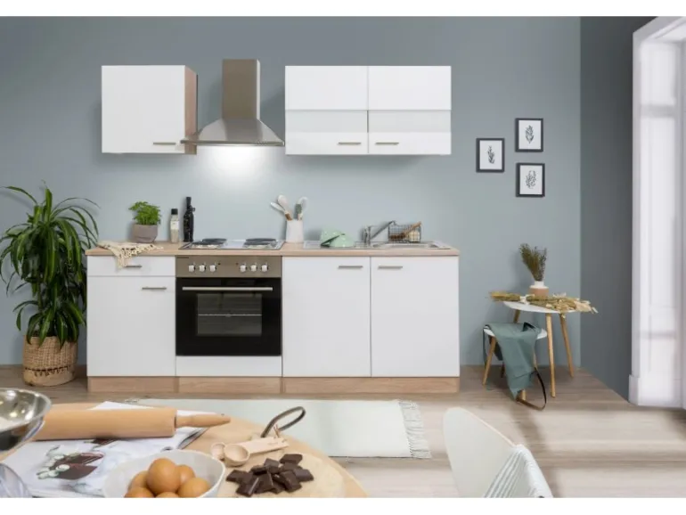 Respekta Küchenzeile KB210ESW 210 cm Weiß-Eiche Sägerau Nachbildung