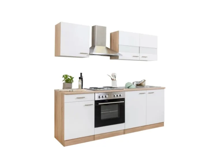 Respekta Küchenzeile KB210ESW 210 cm Weiß-Eiche Sägerau Nachbildung