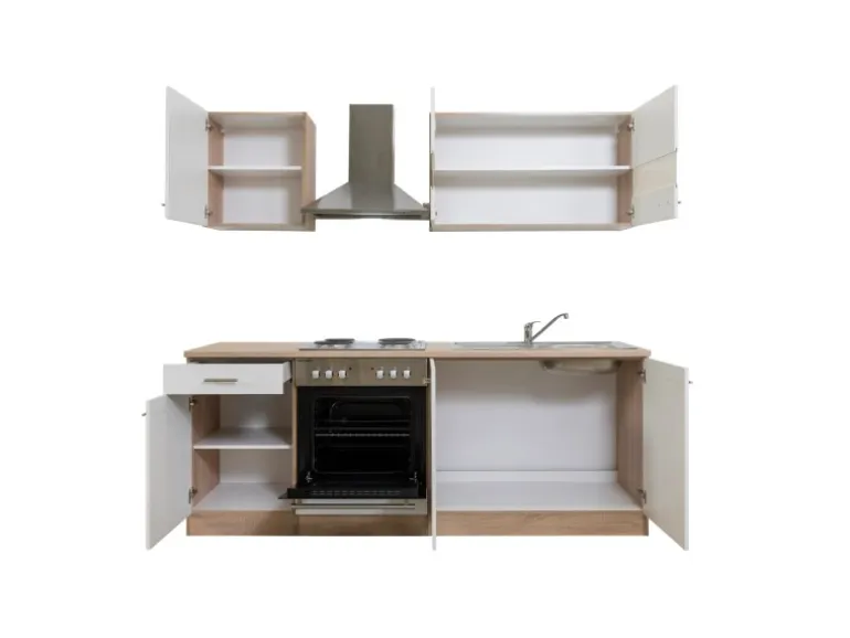 Respekta Küchenzeile KB210ESW 210 cm Weiß-Eiche Sägerau Nachbildung