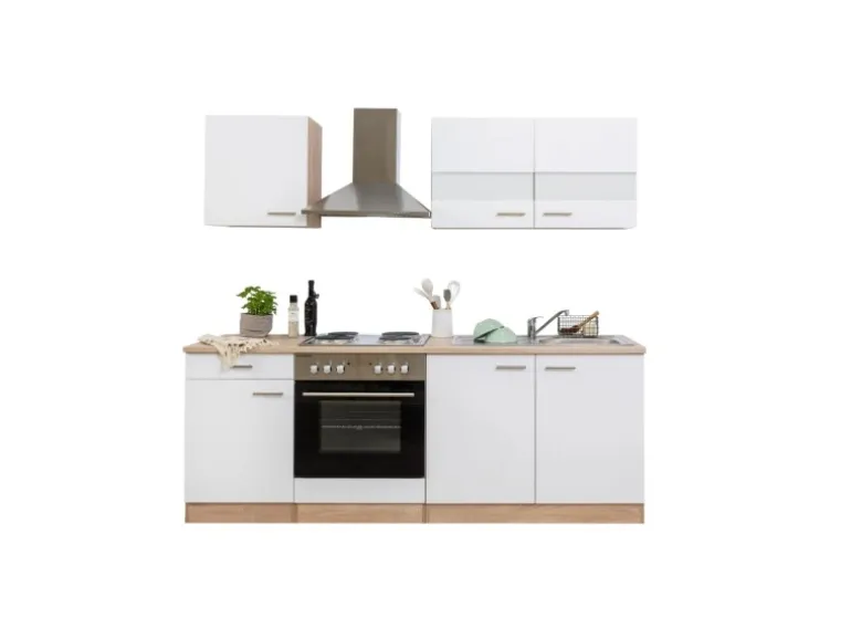 Respekta Küchenzeile KB210ESW 210 cm Weiß-Eiche Sägerau Nachbildung