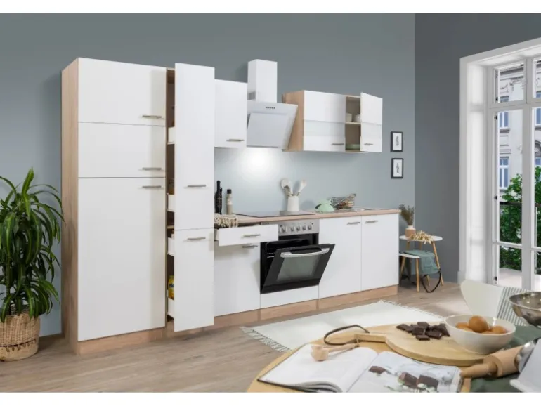 Respekta Küchenzeile KB300ESWCGKE 300 cm Weiß-Eiche Sägerau Nachbildung