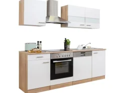 Respekta Küchenzeile KB220ESWC 220 cm Weiß-Eiche Sägerau Nachbildung Glänzend