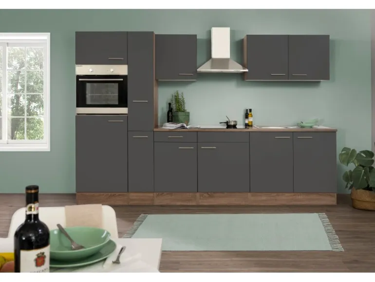 Respekta Küchenzeile KB300EYG 300 cm Grau Seidenglanz-Eiche York Nachbildung