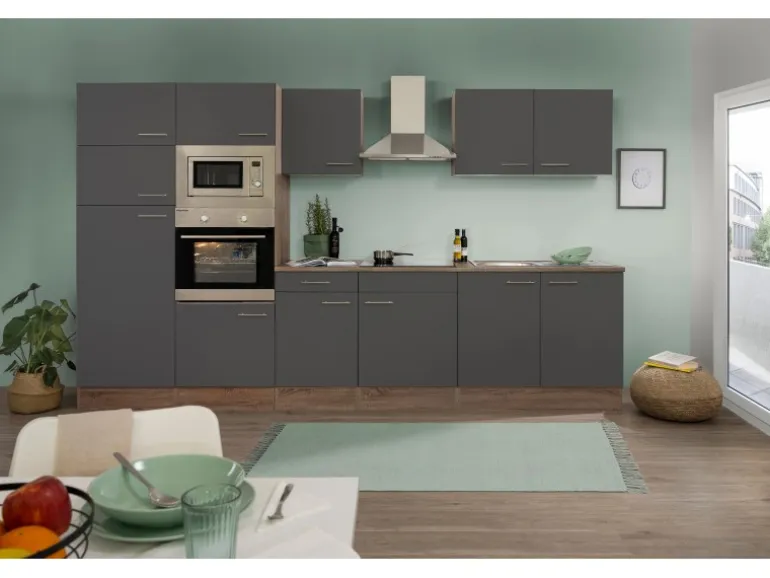 Respekta Küchenzeile KB330EYGMIGKE 330 cm Grau Seidengl.-Eiche York Nachbildung