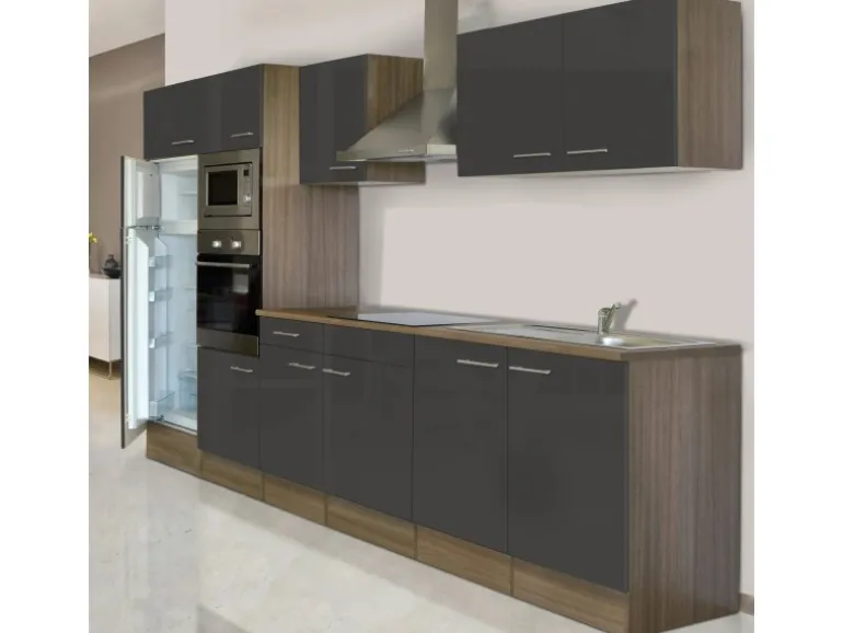 Respekta Küchenzeile KB330EYGMIGKE 330 cm Grau Seidengl.-Eiche York Nachbildung