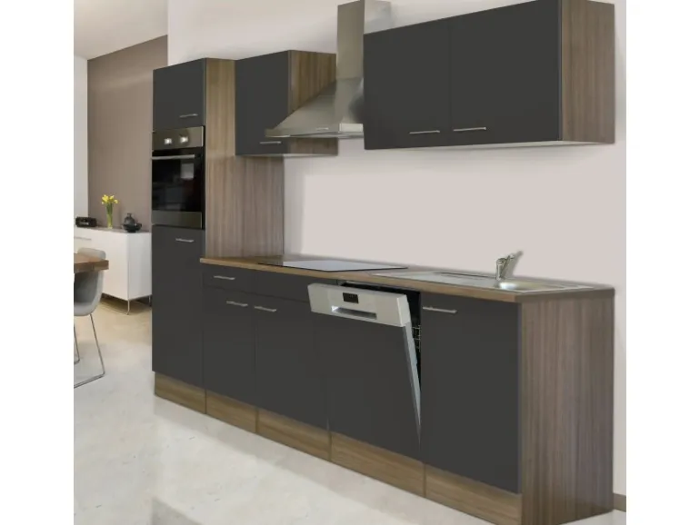 Respekta Küchenzeile KB280EYG 280 cm Grau Seidenglanz-Eiche York Nachbildung