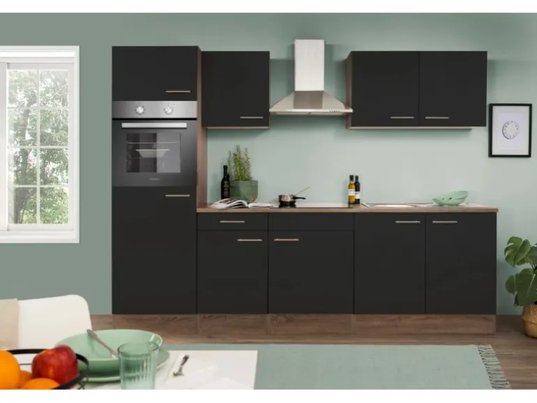 Respekta Küchenzeile KB270EYS 270 cm Schwarz Seidengl.-Eiche York Nachbildung