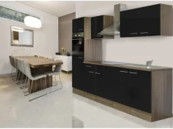 Respekta Küchenzeile KB270EYS 270 cm Schwarz Seidengl.-Eiche York Nachbildung