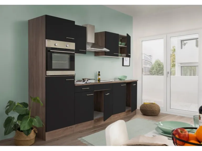 Respekta Küchenzeile KB270EYS 270 cm Schwarz Seidengl.-Eiche York Nachbildung