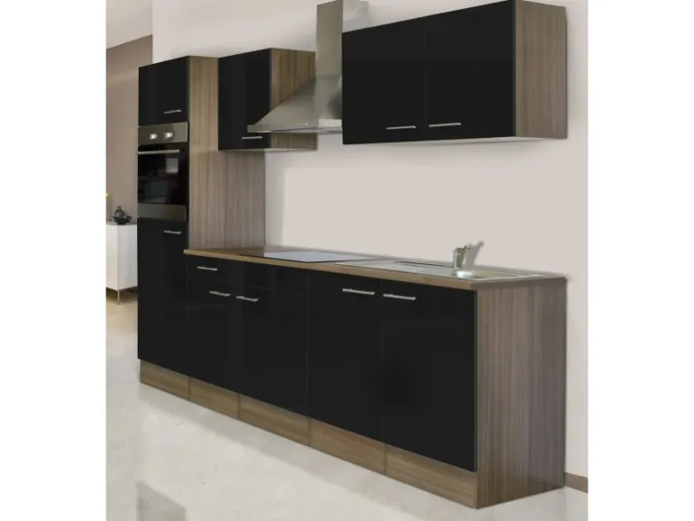 Respekta Küchenzeile KB270EYS 270 cm Schwarz Seidengl.-Eiche York Nachbildung