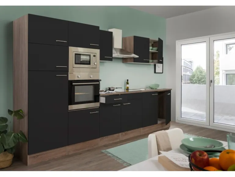 Respekta Küchenzeile KB330EYSMIGKE 330 cm Schwarz-Eiche York Nachbildung