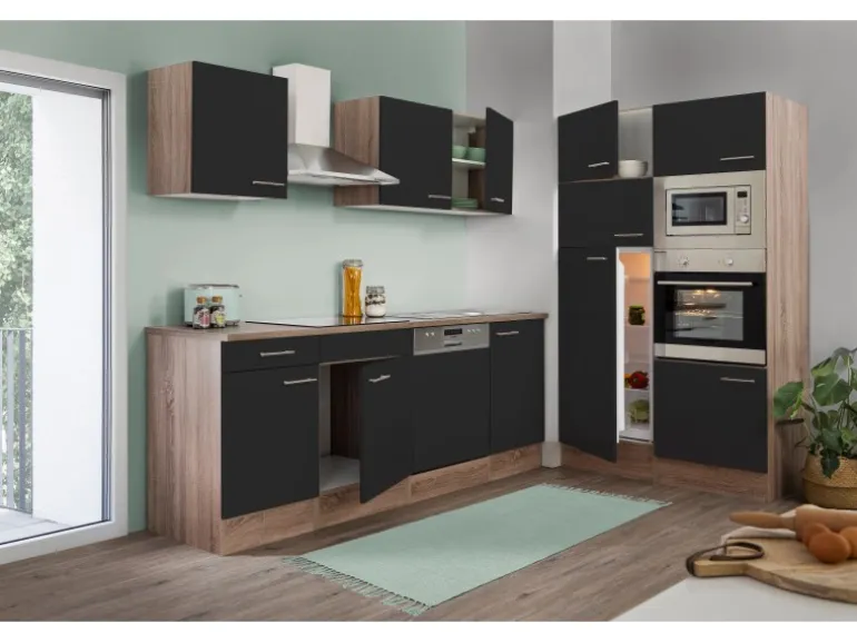 Respekta Küchenzeile KB340EYSMIGKE 340 cm Schwarz-Eiche York Nachbildung