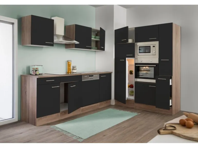 Respekta Küchenzeile KB370EYSMIGKE 370 cm Schwarz Eiche-York Nachbildung