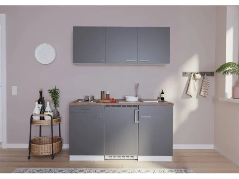 Respekta Küchenzeile KB150WG 150 cm Grau-Weiß Glänzend