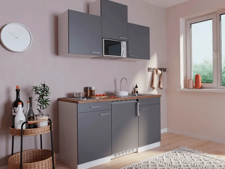 Respekta Küchenzeile KB150WGMI 150 cm Grau-Weiß Glänzend