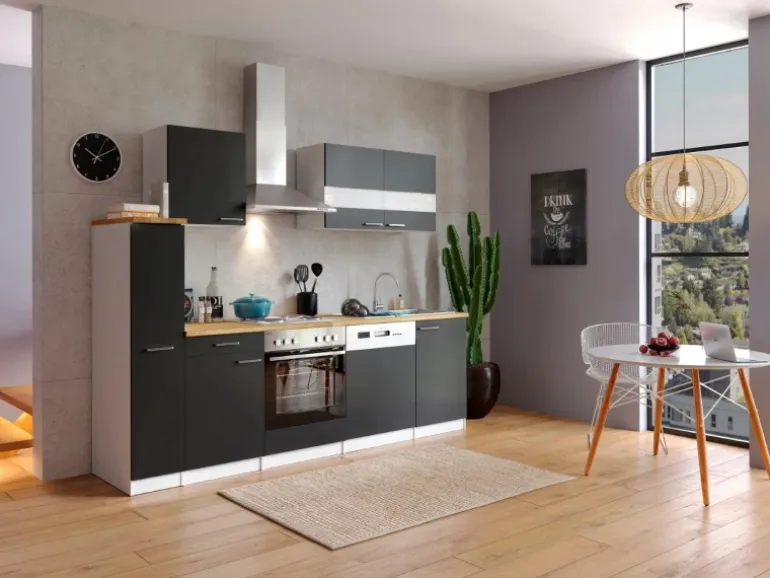Respekta Küchenzeile KB250WS 250 cm Schwarz-Weiß