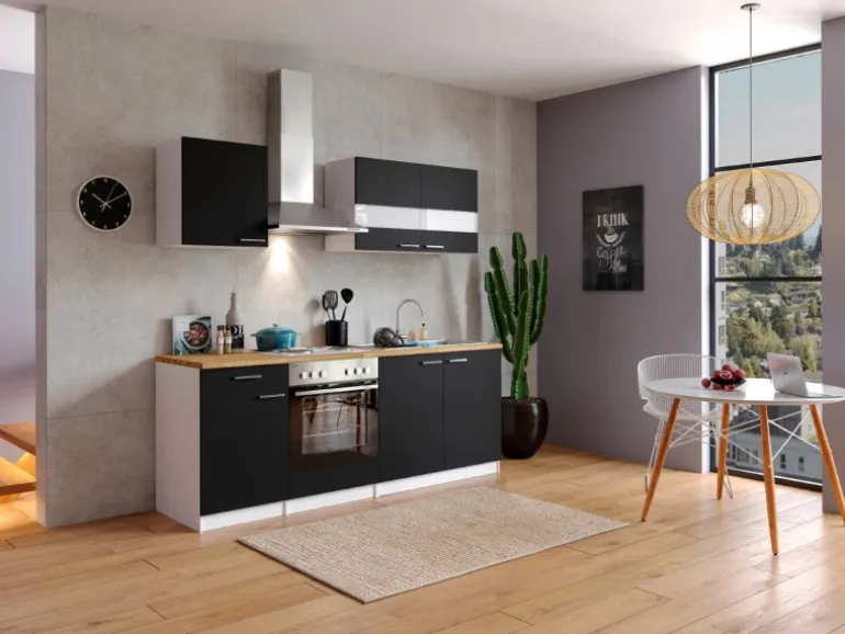Respekta Küchenzeile KB210WS 210 cm Schwarz-Weiß