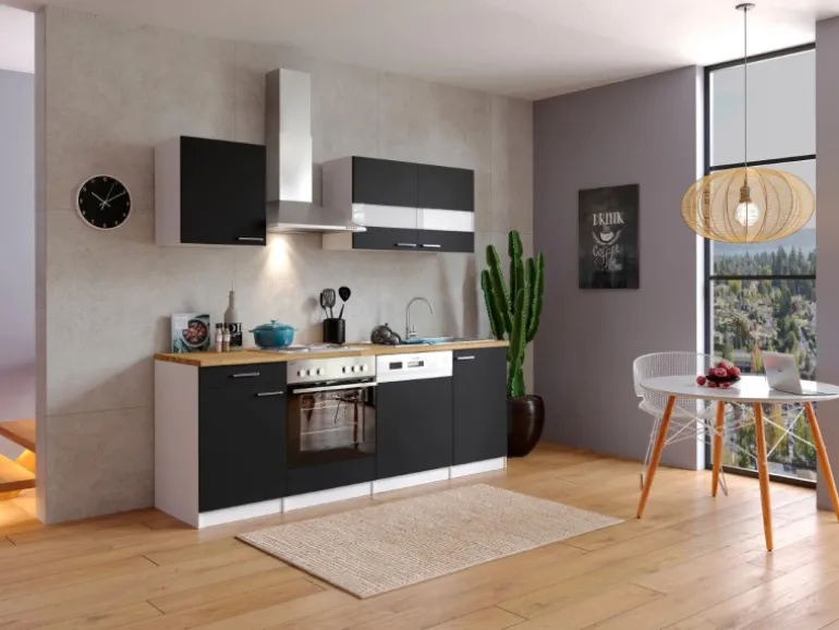 Respekta Küchenzeile KB220WS 220 cm Schwarz-Weiß