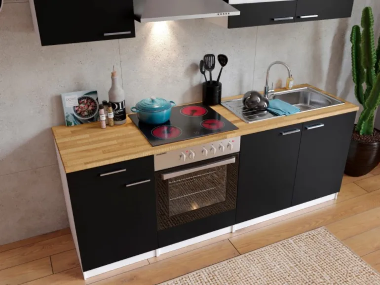 Respekta Küchenzeile KB210WSC 210 cm Schwarz-Weiß