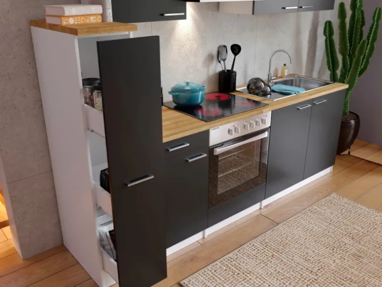 Respekta Küchenzeile KB240WSC 240 cm Schwarz-Weiß