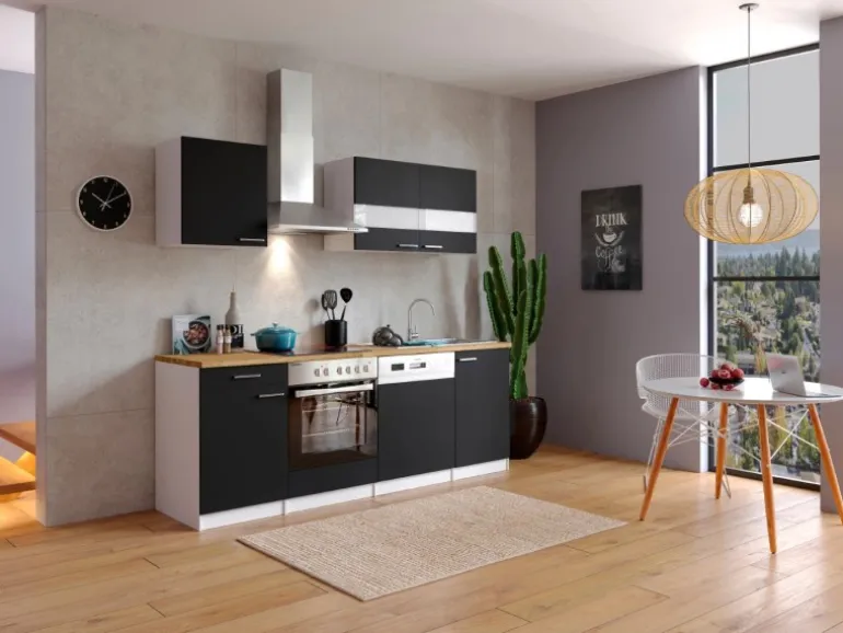 Respekta Küchenzeile KB220WSC 220 cm Schwarz-Weiß