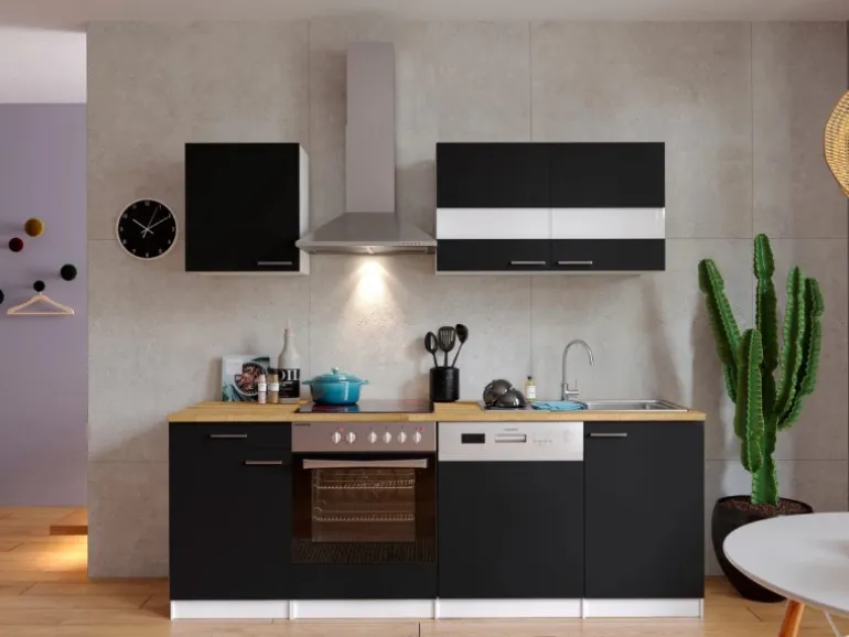 Respekta Küchenzeile KB220WSC 220 cm Schwarz-Weiß