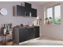 Respekta Küchenzeile KB150WSMI 150 cm Schwarz-Weiß