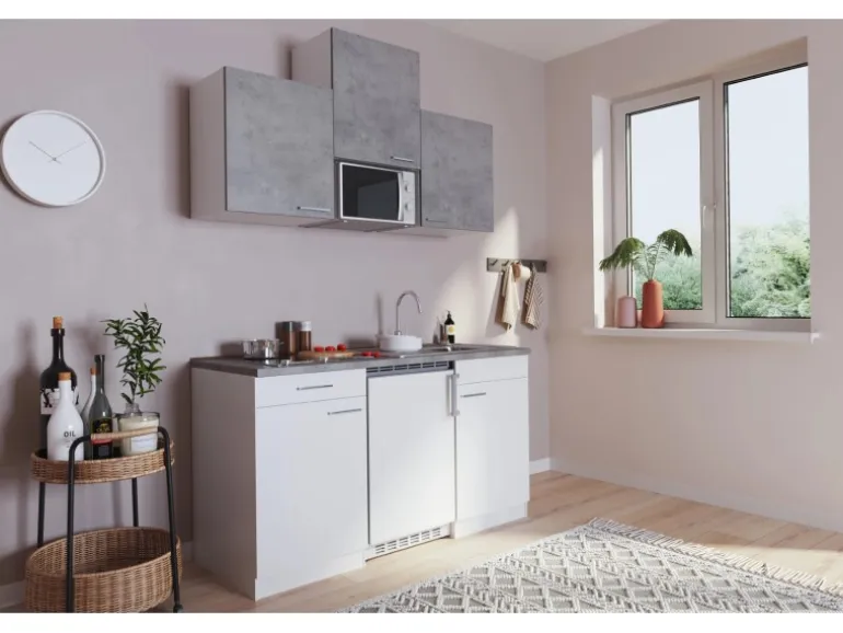 Respekta Küchenzeile KB150WWBMICG 150 cm Weiß-Beton Optik